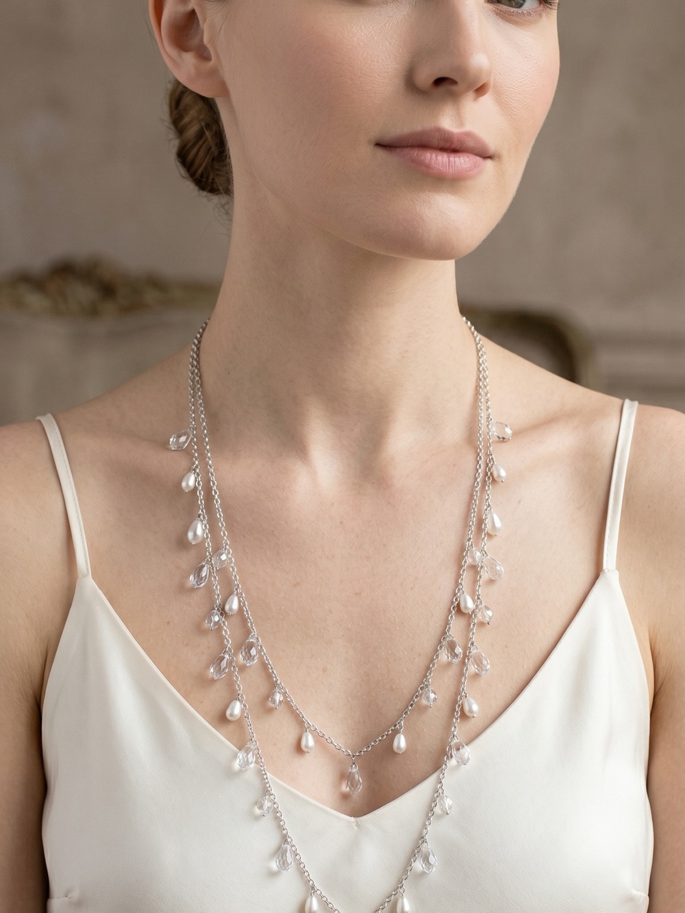 Delicate Silver Pearl & Crystal Drop Layered Necklace - White